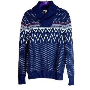 Gap Men’s Lambswool Sweater Shawl Neck Pullover Fair Isle Apres Ski Navy Blue  S